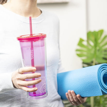 24oz Plastic Tumbler Cup, Lid & Straw, Iced Coffee, Mandala Pink