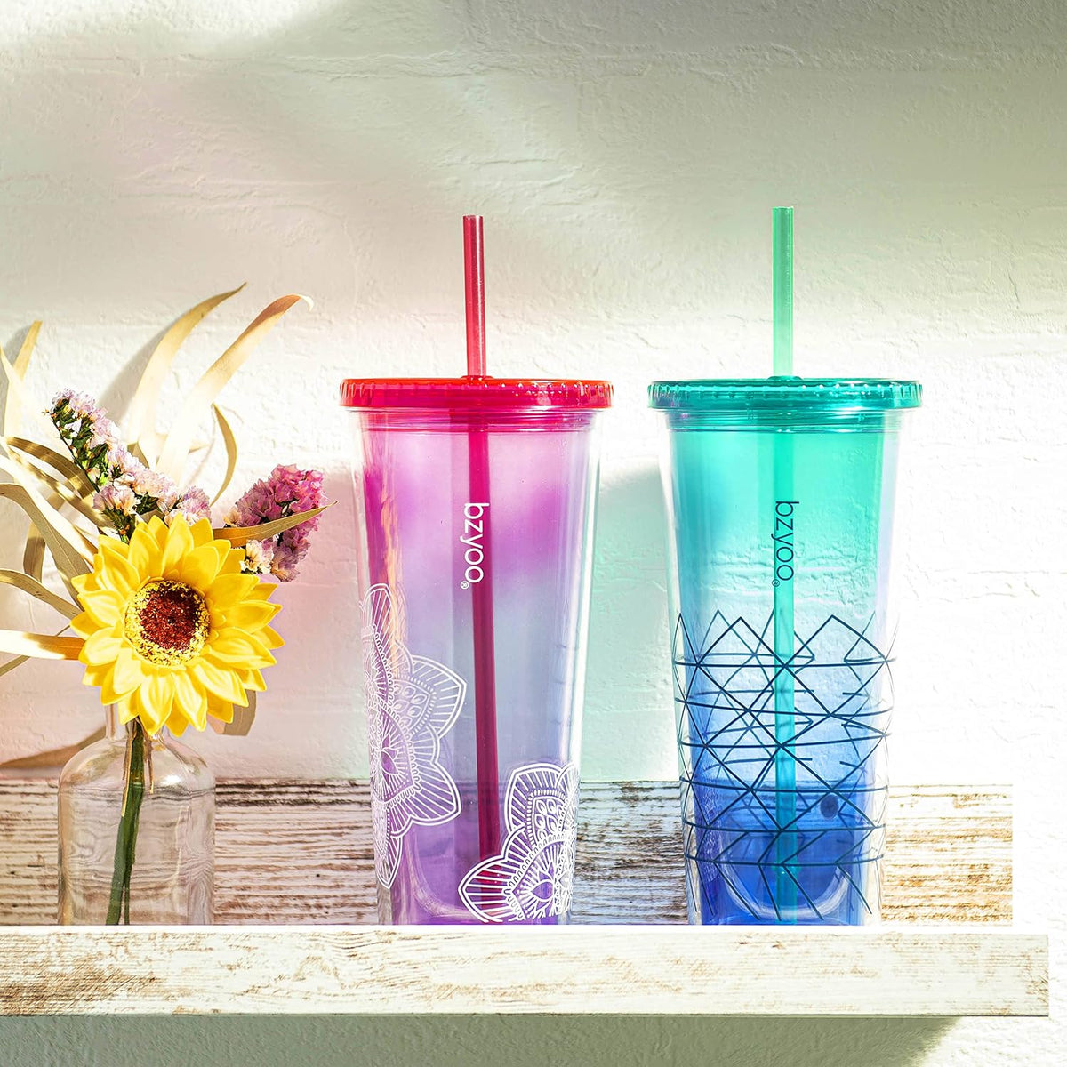 24oz Plastic Tumbler Cup, Lid & Straw, Iced Coffee, Mandala Pink