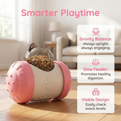 Interactive Pet Tumbler Toy Self-Balancing Slow Feeder for Cats and Dogs Durable ABS Food Dispenser with Rolling Wheels-Pink