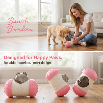 Interactive Pet Tumbler Toy Self-Balancing Slow Feeder for Cats and Dogs Durable ABS Food Dispenser with Rolling Wheels-Pink