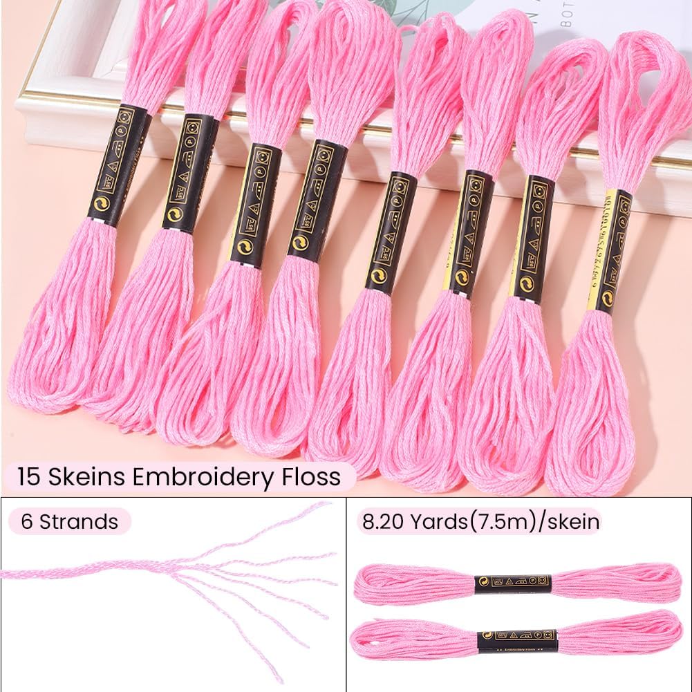 15 Skeins 123 Yards Hand Embroidery Floss Pink Cotton Cross Stitch Thread Friendship Bracelet String Yarn Needlepoint Threads Kit Bulk for Sewing Knitting Jewelry Crafts Bracelets Crochet