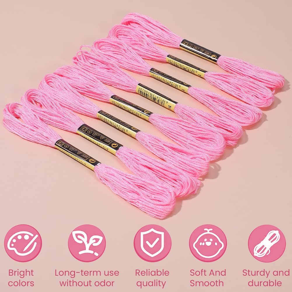 15 Skeins 123 Yards Hand Embroidery Floss Pink Cotton Cross Stitch Thread Friendship Bracelet String Yarn Needlepoint Threads Kit Bulk for Sewing Knitting Jewelry Crafts Bracelets Crochet
