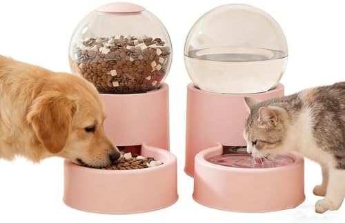 Cat Water and Food Bowl Set, Gravity Automatic Feeder & Water Dispenser for Cats and Small Dogs, Pet Food Bowl and Water Bowl 2-in-1 Pet Feeding Supplies for Indoor Use (Round Pink)
