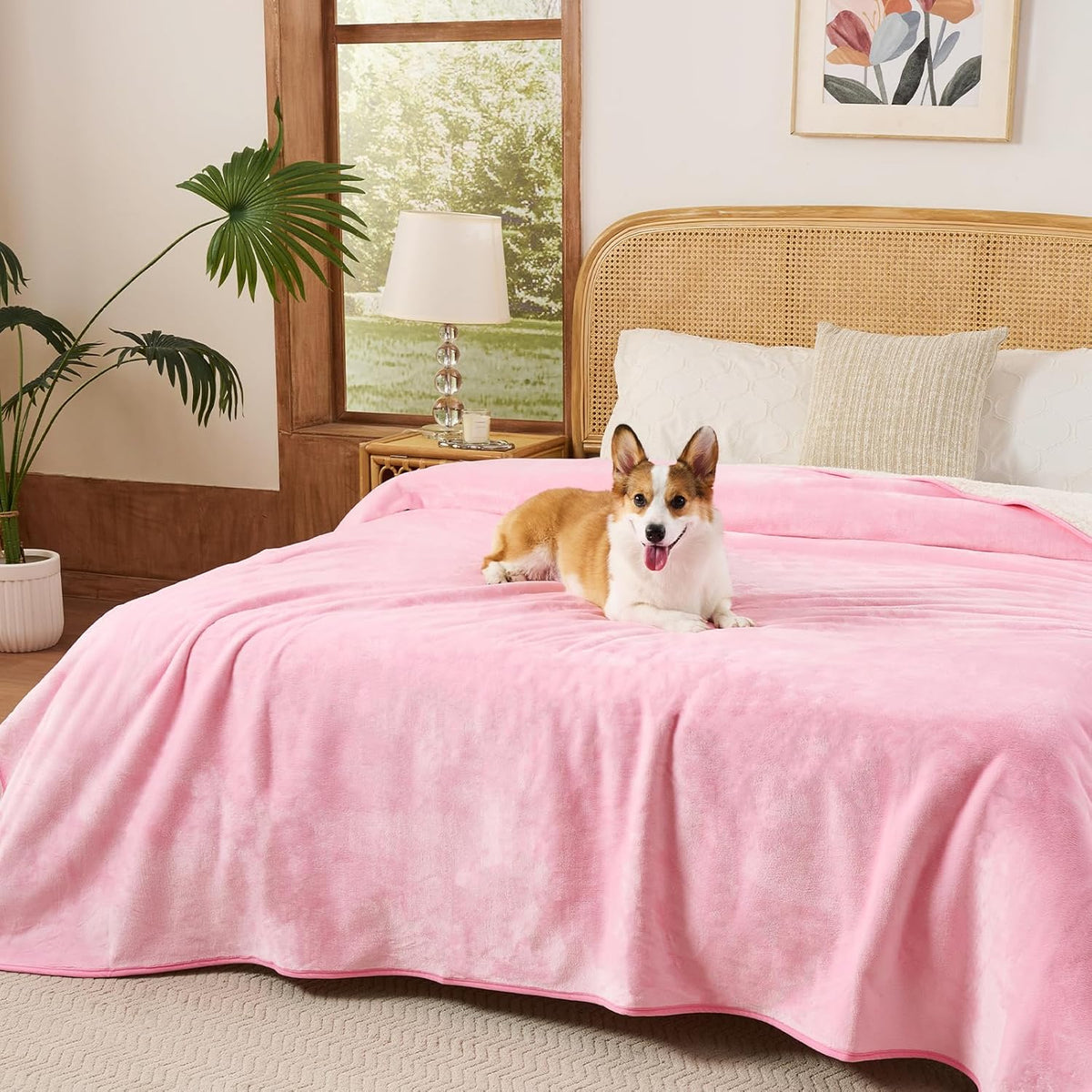 Waterproof Blanket for King Size Bed - 108"x86" Soft Reversible Sherpa Fleece Flannel Dog Blankets for Large Dogs, Pet Blanket for Bed, Couch, Soft Plush Furniture Protector, Pink