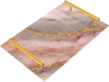 Pink Golden Marble Texture Bathroom Perfume Vanity Tray Acrylic Serving Tray with Handles Decorative Party Platters for Coffee Tea Table Kitchen Countertop