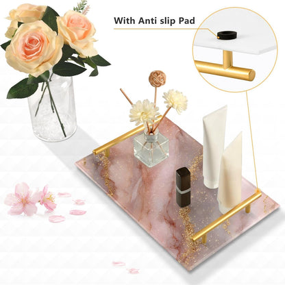 Pink Golden Marble Texture Bathroom Perfume Vanity Tray Acrylic Serving Tray with Handles Decorative Party Platters for Coffee Tea Table Kitchen Countertop