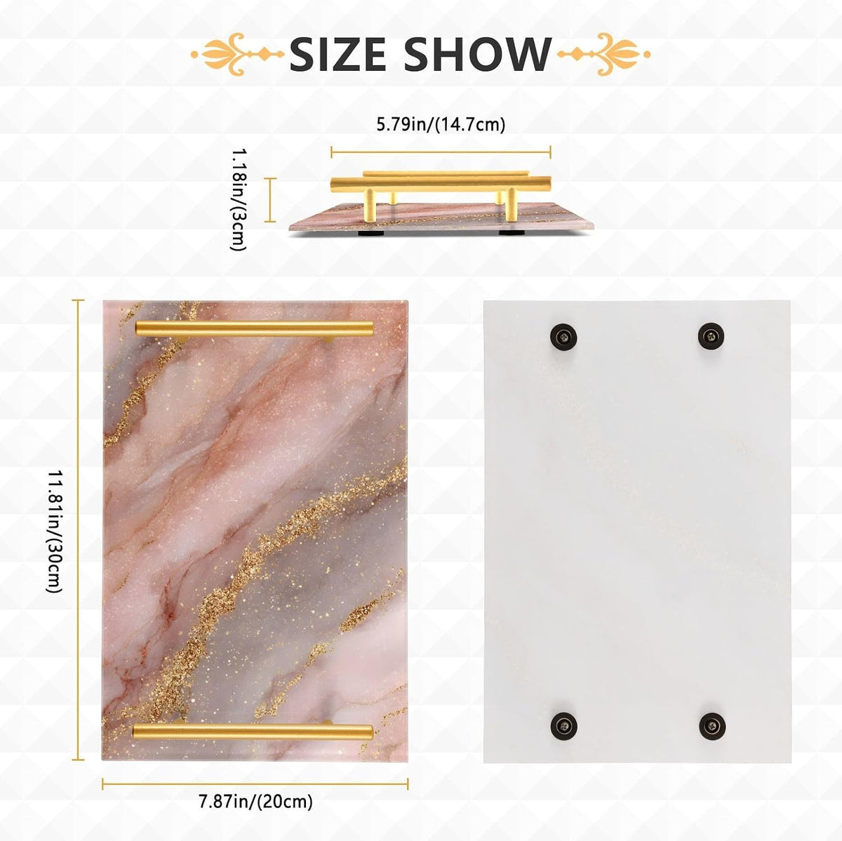 Pink Golden Marble Texture Bathroom Perfume Vanity Tray Acrylic Serving Tray with Handles Decorative Party Platters for Coffee Tea Table Kitchen Countertop