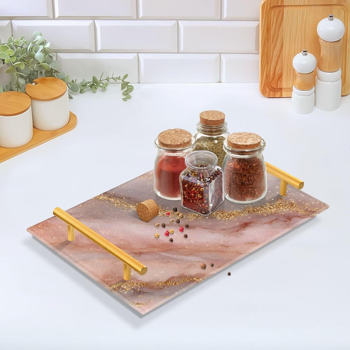 Pink Golden Marble Texture Bathroom Perfume Vanity Tray Acrylic Serving Tray with Handles Decorative Party Platters for Coffee Tea Table Kitchen Countertop