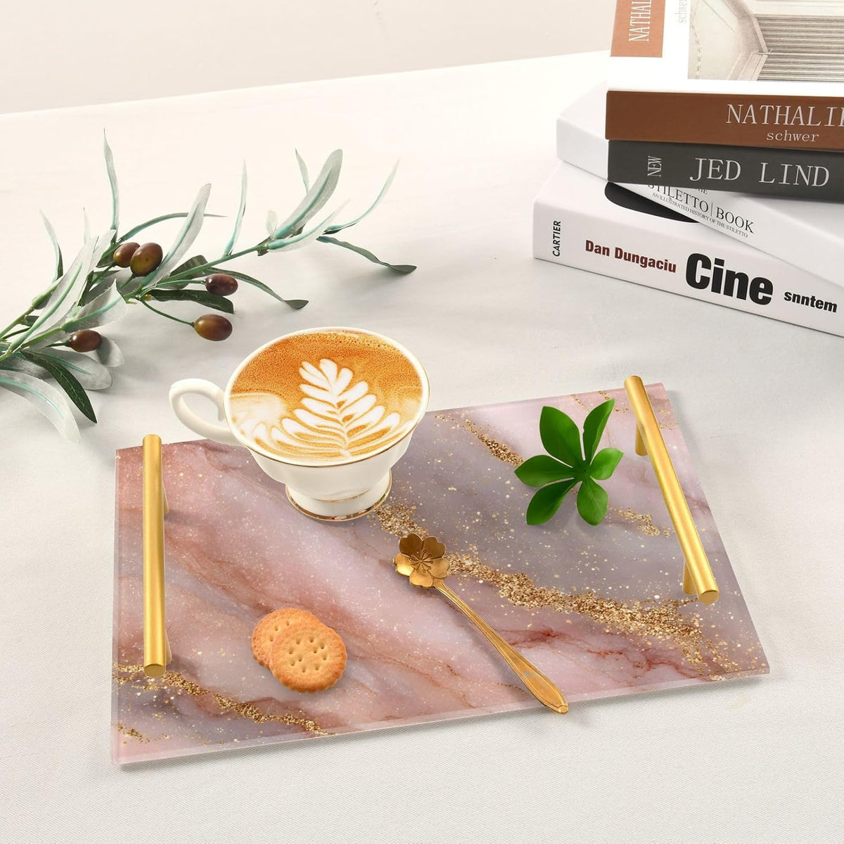 Pink Golden Marble Texture Bathroom Perfume Vanity Tray Acrylic Serving Tray with Handles Decorative Party Platters for Coffee Tea Table Kitchen Countertop