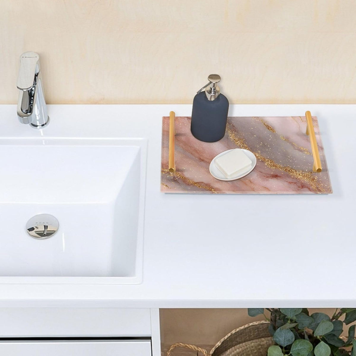Pink Golden Marble Texture Bathroom Perfume Vanity Tray Acrylic Serving Tray with Handles Decorative Party Platters for Coffee Tea Table Kitchen Countertop