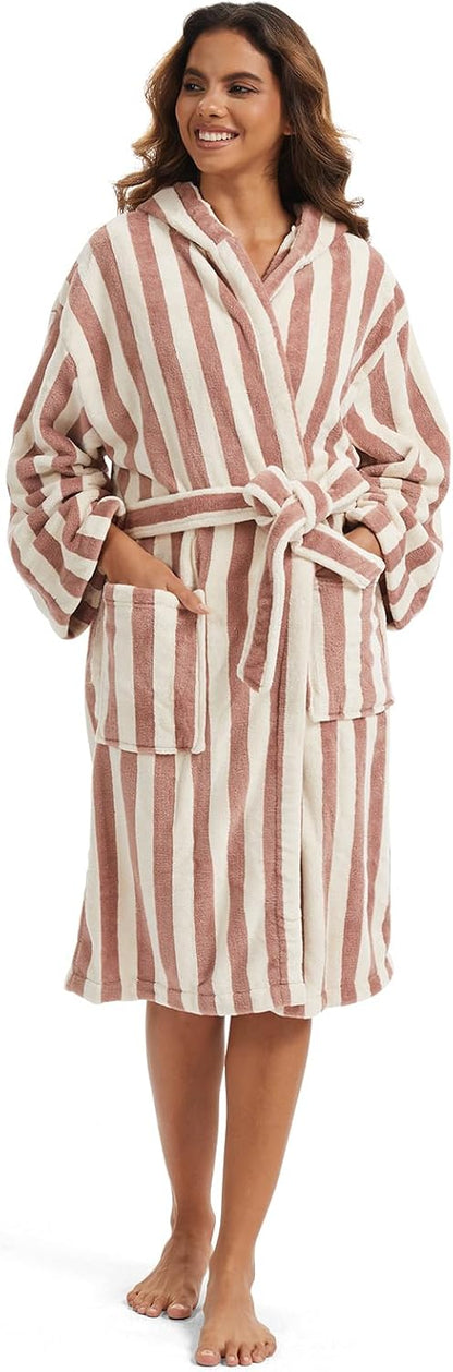 Retro Terry Striped Robes For Women Cotton Kimono Towel Terry Cloth Bathrobe Knee High Length