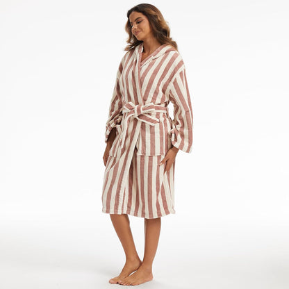 Retro Terry Striped Robes For Women Cotton Kimono Towel Terry Cloth Bathrobe Knee High Length