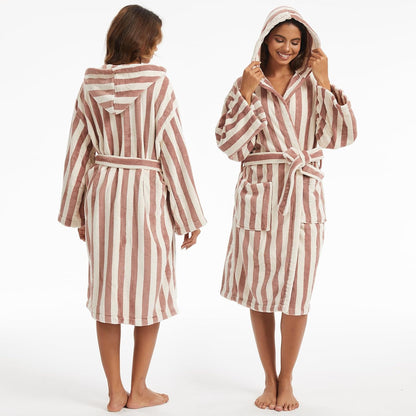 Retro Terry Striped Robes For Women Cotton Kimono Towel Terry Cloth Bathrobe Knee High Length