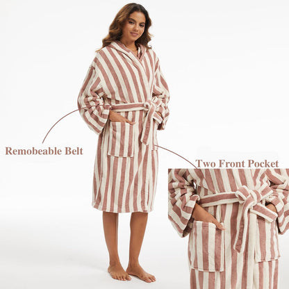 Retro Terry Striped Robes For Women Cotton Kimono Towel Terry Cloth Bathrobe Knee High Length