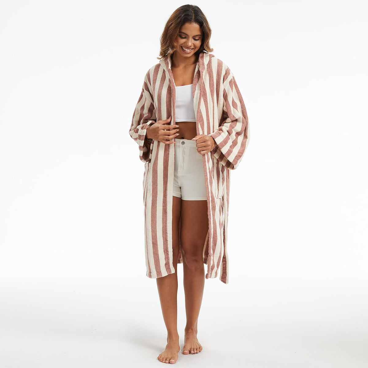 Retro Terry Striped Robes For Women Cotton Kimono Towel Terry Cloth Bathrobe Knee High Length