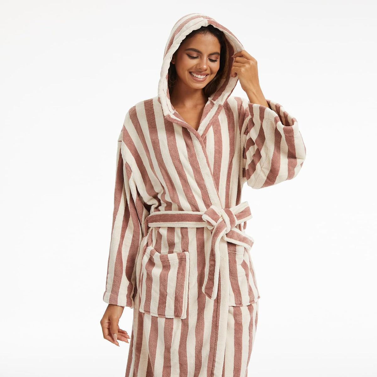 Retro Terry Striped Robes For Women Cotton Kimono Towel Terry Cloth Bathrobe Knee High Length