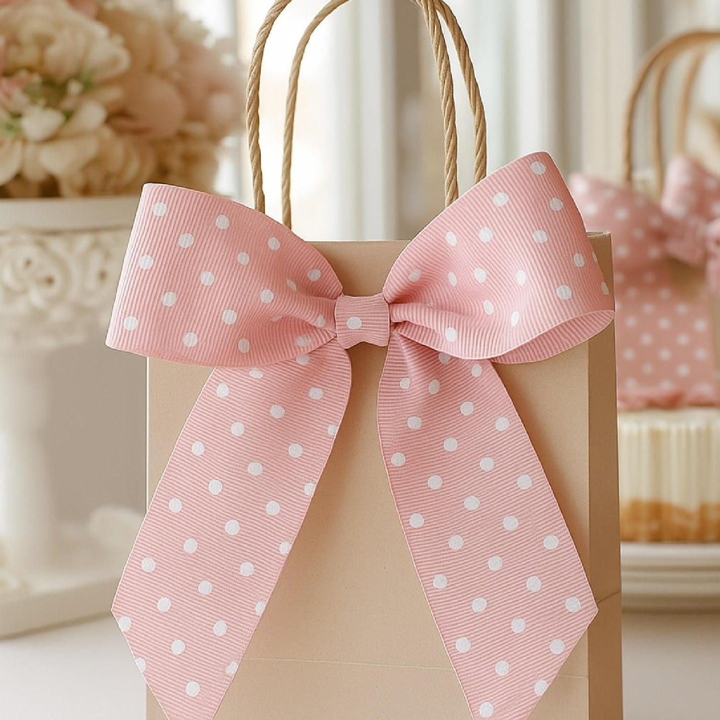 Peach Grosgrain Dot Ribbon - 3/8" x 10 yd | White-dot printed grosgrain ribbon - perfect for bows, hair clips, gift wrapping & DIY decorations