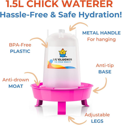 1L Chick Feeder, 1.5L Chicken Waterer - No Leakage Chick Feeder and Waterer Kit, Durable Chicken Water Feeder, Chicken Feeder and Waterer Set, Poultry Waterer (Pink)