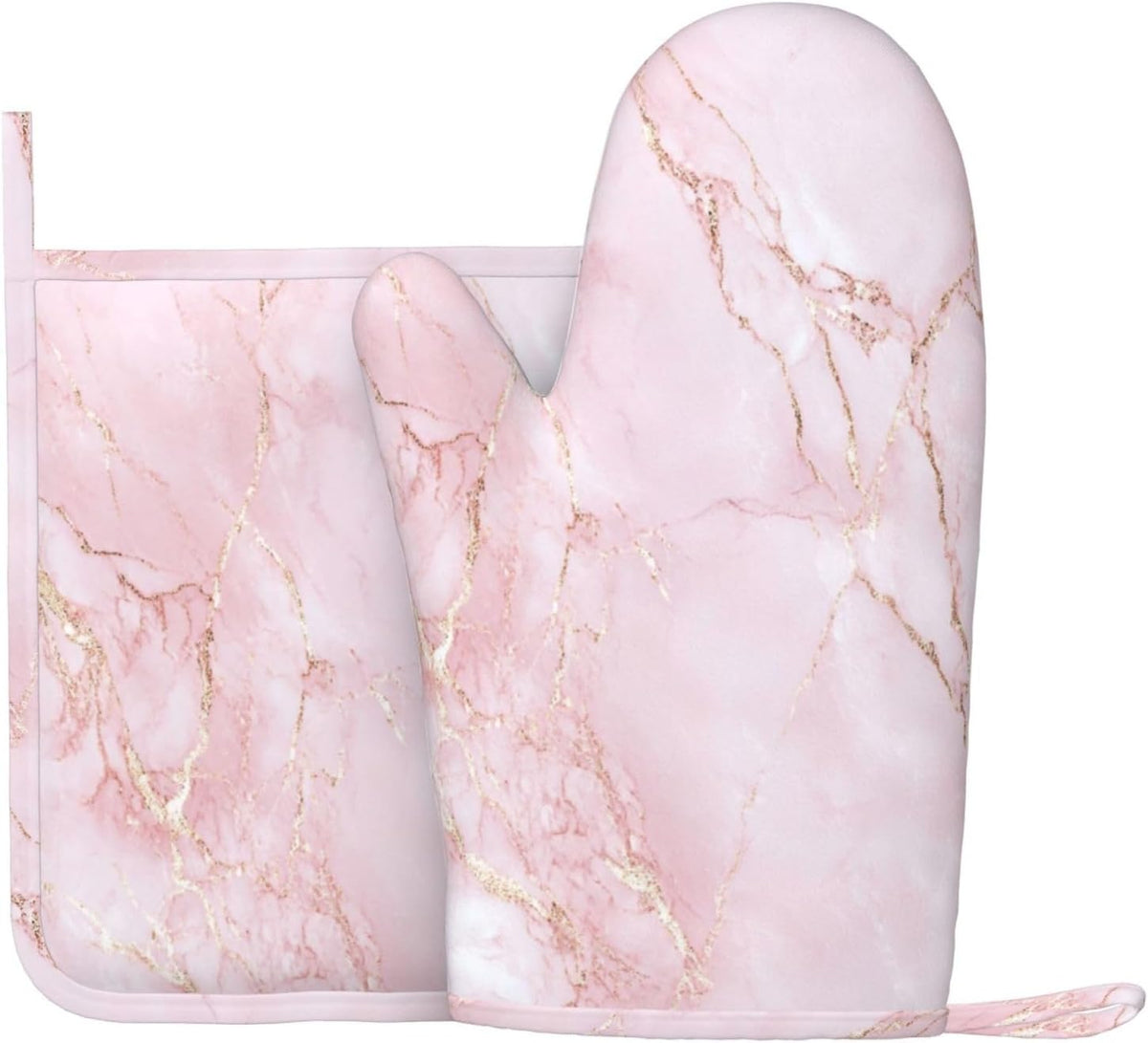 Oven Mitts and Pot Holders Light Pink Marble Art Silicone Kitchen Accessories Set of 2 Heat Resistant Long Gloves Potholder Non-Slip Grip for Chef Cooking,Baking,Grilling,BBQ