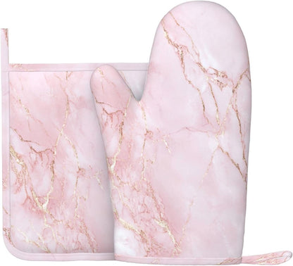 Oven Mitts and Pot Holders Light Pink Marble Art Silicone Kitchen Accessories Set of 2 Heat Resistant Long Gloves Potholder Non-Slip Grip for Chef Cooking,Baking,Grilling,BBQ