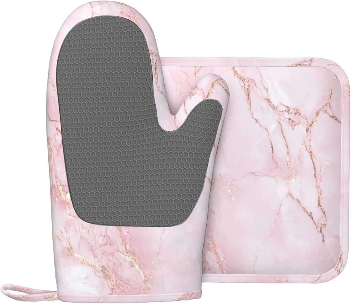 Oven Mitts and Pot Holders Light Pink Marble Art Silicone Kitchen Accessories Set of 2 Heat Resistant Long Gloves Potholder Non-Slip Grip for Chef Cooking,Baking,Grilling,BBQ