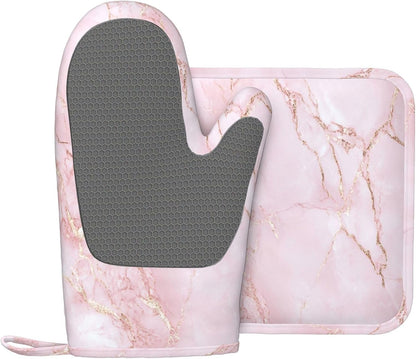 Oven Mitts and Pot Holders Light Pink Marble Art Silicone Kitchen Accessories Set of 2 Heat Resistant Long Gloves Potholder Non-Slip Grip for Chef Cooking,Baking,Grilling,BBQ
