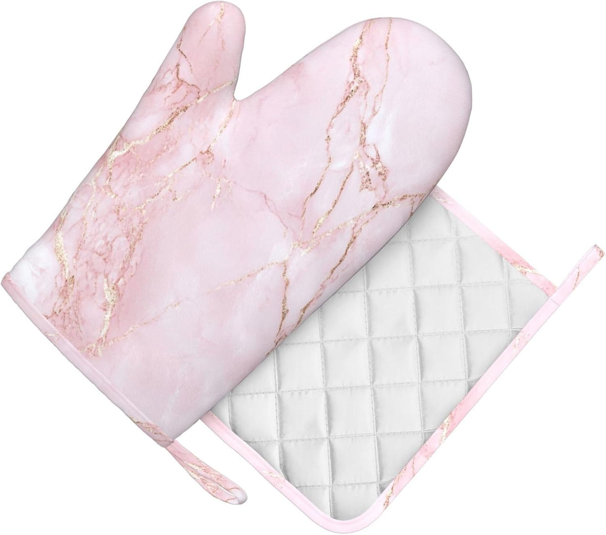 Oven Mitts and Pot Holders Light Pink Marble Art Silicone Kitchen Accessories Set of 2 Heat Resistant Long Gloves Potholder Non-Slip Grip for Chef Cooking,Baking,Grilling,BBQ