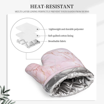 Oven Mitts and Pot Holders Light Pink Marble Art Silicone Kitchen Accessories Set of 2 Heat Resistant Long Gloves Potholder Non-Slip Grip for Chef Cooking,Baking,Grilling,BBQ