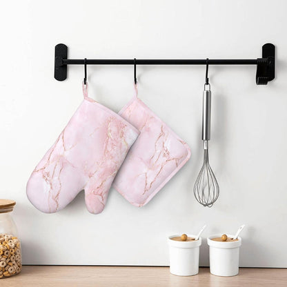 Oven Mitts and Pot Holders Light Pink Marble Art Silicone Kitchen Accessories Set of 2 Heat Resistant Long Gloves Potholder Non-Slip Grip for Chef Cooking,Baking,Grilling,BBQ