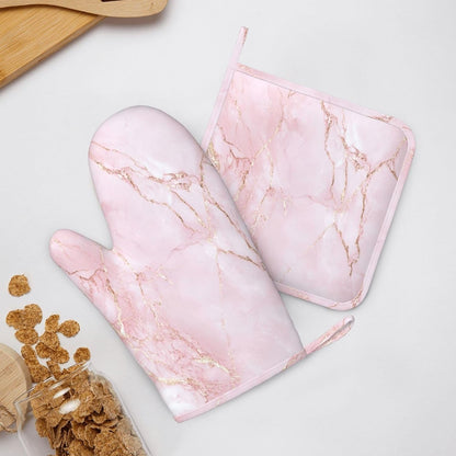 Oven Mitts and Pot Holders Light Pink Marble Art Silicone Kitchen Accessories Set of 2 Heat Resistant Long Gloves Potholder Non-Slip Grip for Chef Cooking,Baking,Grilling,BBQ