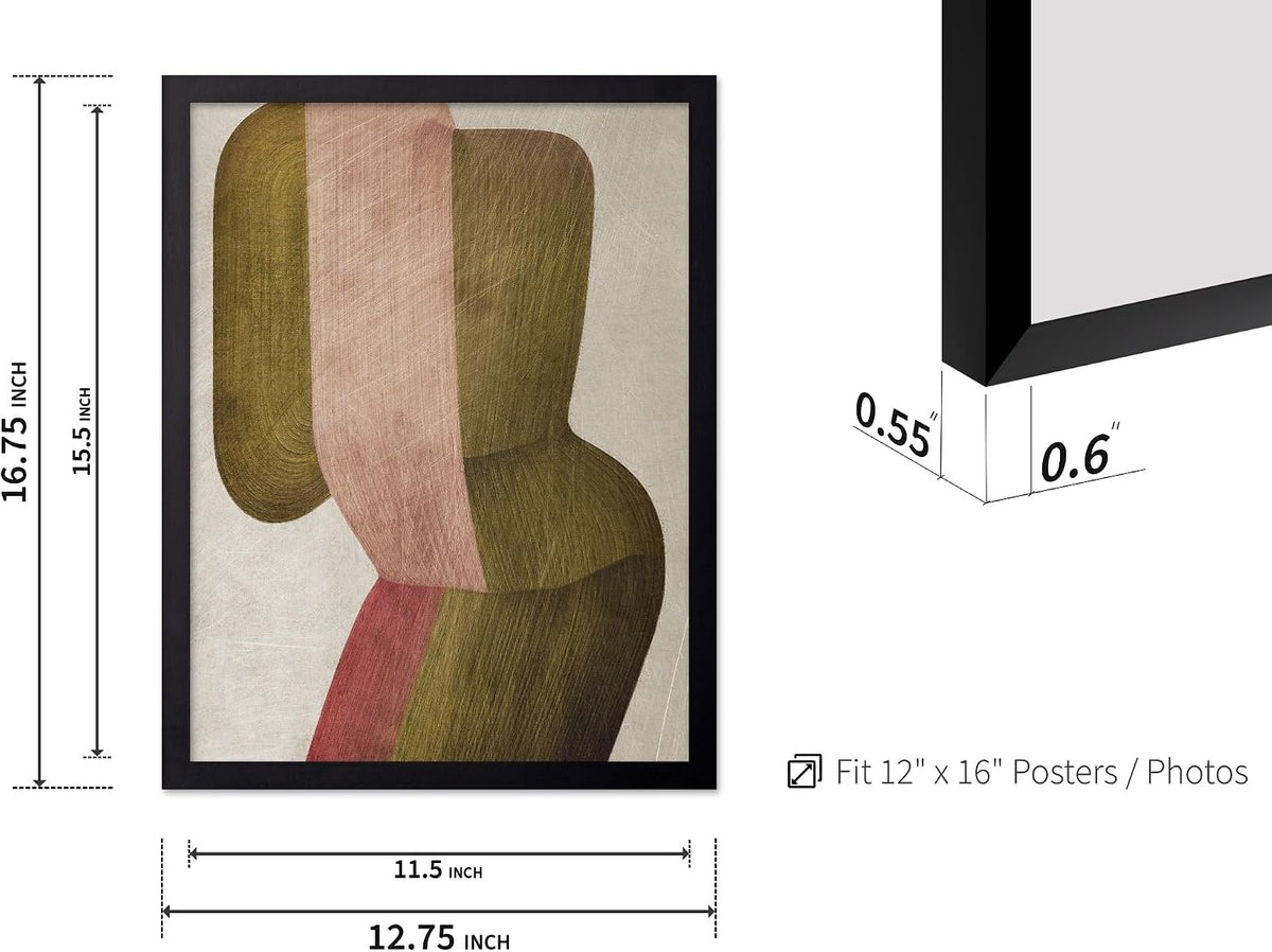 Monem Art Abstract Geometric Form Painting Print - Organic Green and Peach Art Poster - Wall Decor for Living Room, Bedroom or Office - 12x16 Black Framed Wall Art by Alma