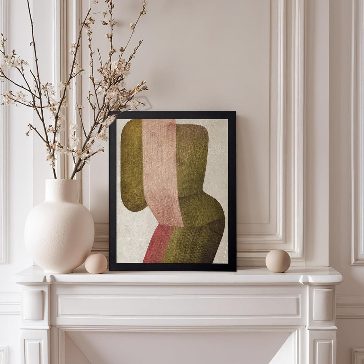 Monem Art Abstract Geometric Form Painting Print - Organic Green and Peach Art Poster - Wall Decor for Living Room, Bedroom or Office - 12x16 Black Framed Wall Art by Alma