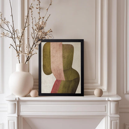 Monem Art Abstract Geometric Form Painting Print - Organic Green and Peach Art Poster - Wall Decor for Living Room, Bedroom or Office - 12x16 Black Framed Wall Art by Alma