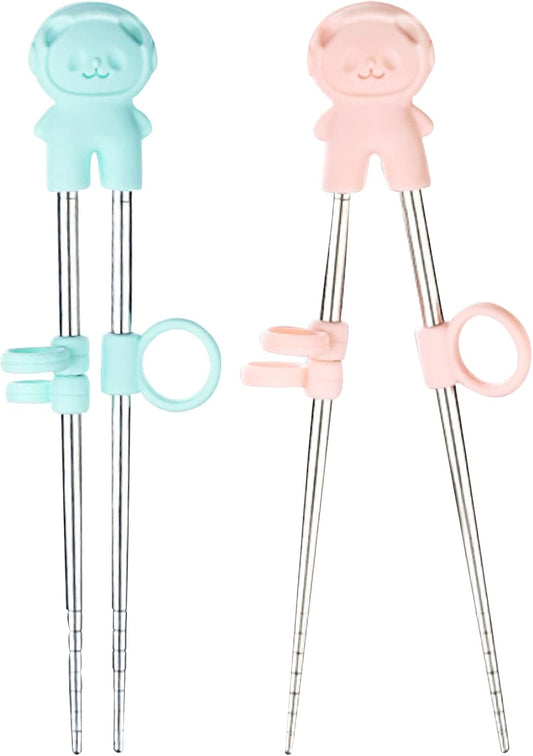 2 Pairs training chopsticks Learning Chopstick Helper Reusable Stainless Steel for Beginner Chopsticks Pink & Blue