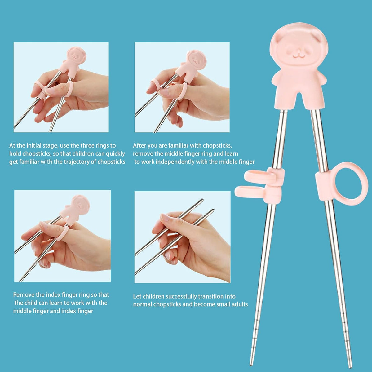 2 Pairs training chopsticks Learning Chopstick Helper Reusable Stainless Steel for Beginner Chopsticks Pink & Blue