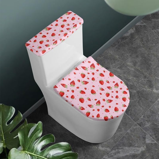Pink Strawberry 2pcs Toilet Lid Cover Sets Cartoon Strawberry Toilet Seat Covers with Elastic Edge Cute Berry Fruit Home Machine Washable Bathroom Accessories