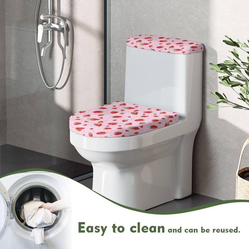 Pink Strawberry 2pcs Toilet Lid Cover Sets Cartoon Strawberry Toilet Seat Covers with Elastic Edge Cute Berry Fruit Home Machine Washable Bathroom Accessories