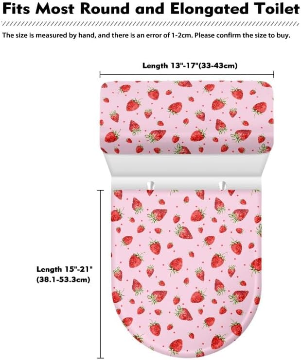 Pink Strawberry 2pcs Toilet Lid Cover Sets Cartoon Strawberry Toilet Seat Covers with Elastic Edge Cute Berry Fruit Home Machine Washable Bathroom Accessories