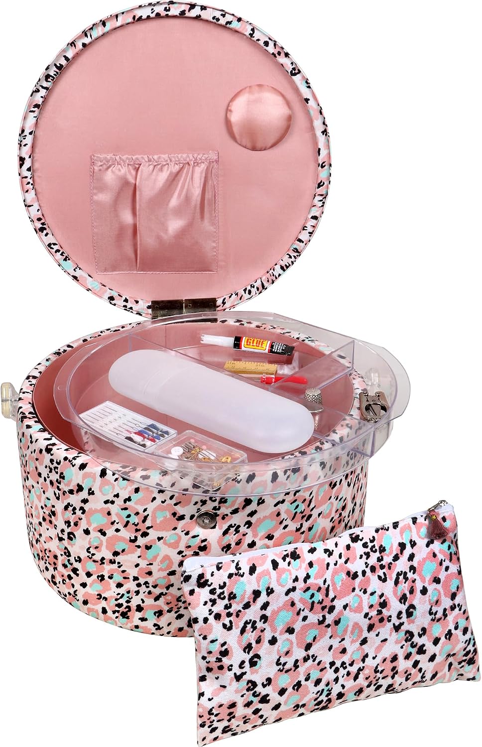 Large Round Sewing Basket with Emergency Travel Sewing Kit & Matching Zipper Pouch - Rose Pink Leopard Print