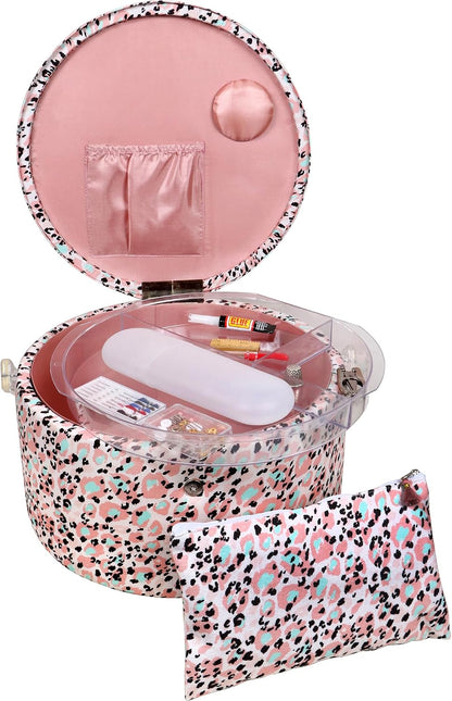 Large Round Sewing Basket with Emergency Travel Sewing Kit & Matching Zipper Pouch - Rose Pink Leopard Print