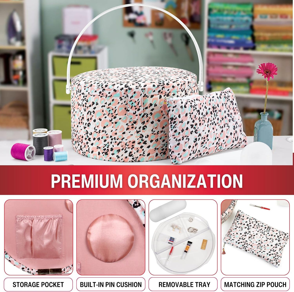 Large Round Sewing Basket with Emergency Travel Sewing Kit & Matching Zipper Pouch - Rose Pink Leopard Print