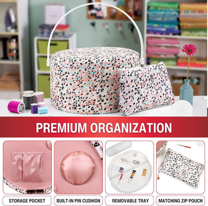 Large Round Sewing Basket with Emergency Travel Sewing Kit & Matching Zipper Pouch - Rose Pink Leopard Print