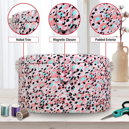 Large Round Sewing Basket with Emergency Travel Sewing Kit & Matching Zipper Pouch - Rose Pink Leopard Print