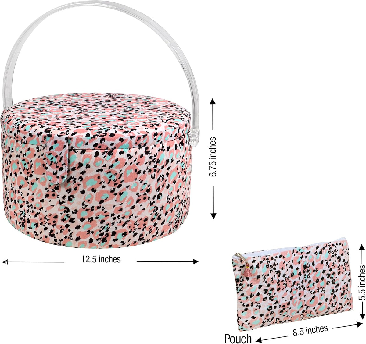 Large Round Sewing Basket with Emergency Travel Sewing Kit & Matching Zipper Pouch - Rose Pink Leopard Print
