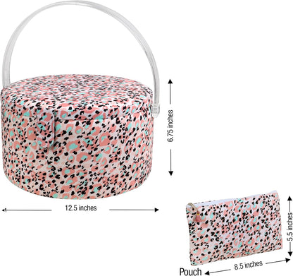 Large Round Sewing Basket with Emergency Travel Sewing Kit & Matching Zipper Pouch - Rose Pink Leopard Print