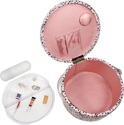 Large Round Sewing Basket with Emergency Travel Sewing Kit & Matching Zipper Pouch - Rose Pink Leopard Print