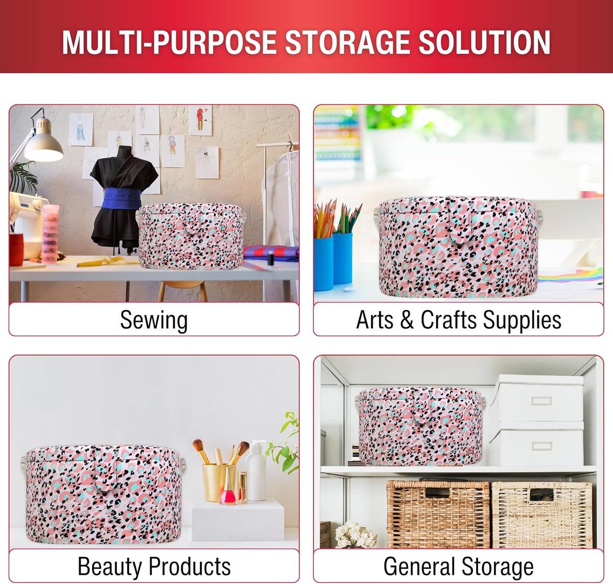 Large Round Sewing Basket with Emergency Travel Sewing Kit & Matching Zipper Pouch - Rose Pink Leopard Print