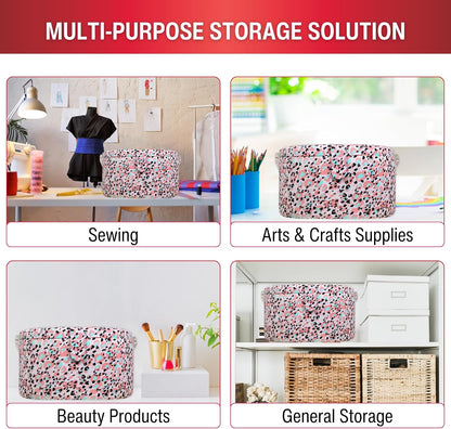 Large Round Sewing Basket with Emergency Travel Sewing Kit & Matching Zipper Pouch - Rose Pink Leopard Print