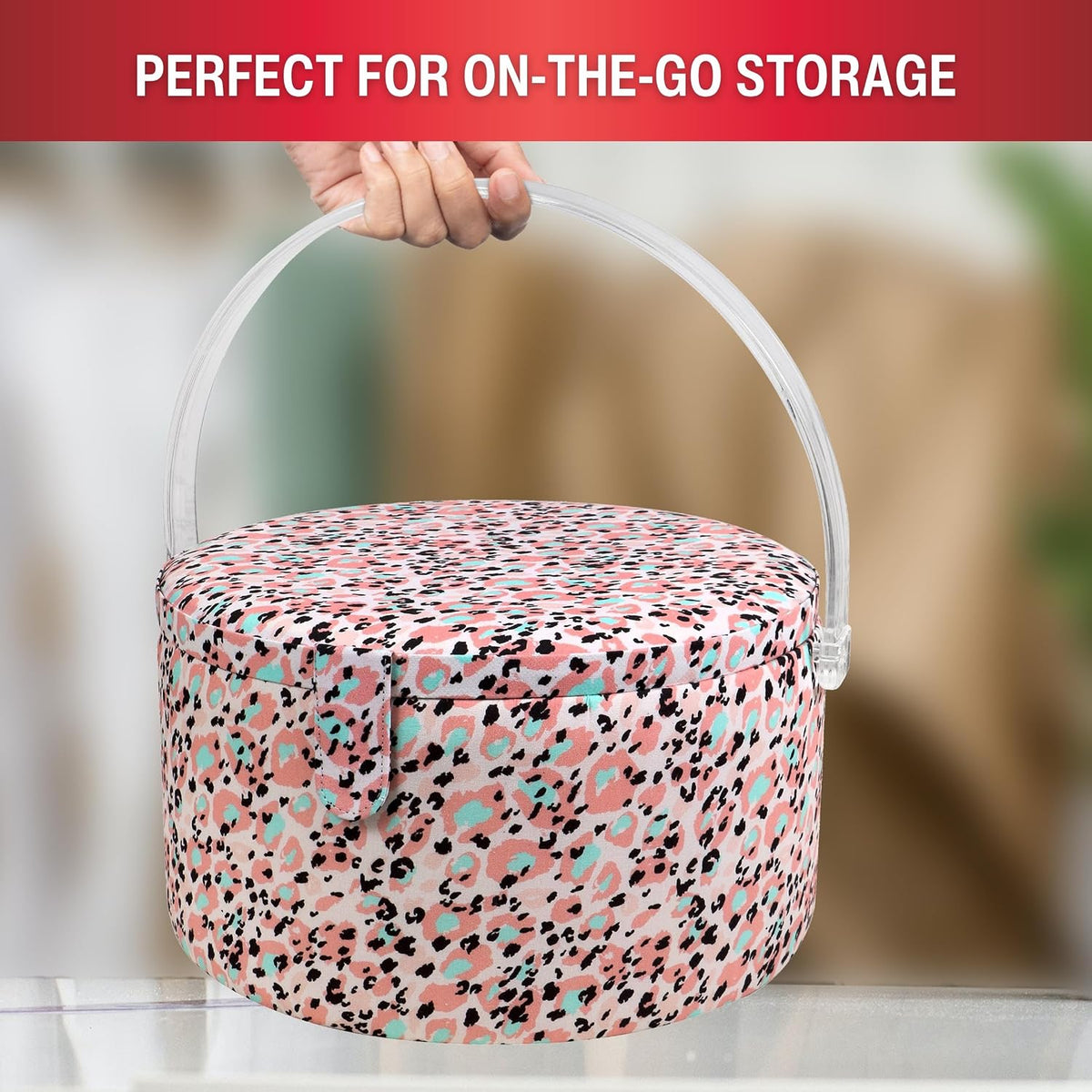 Large Round Sewing Basket with Emergency Travel Sewing Kit & Matching Zipper Pouch - Rose Pink Leopard Print