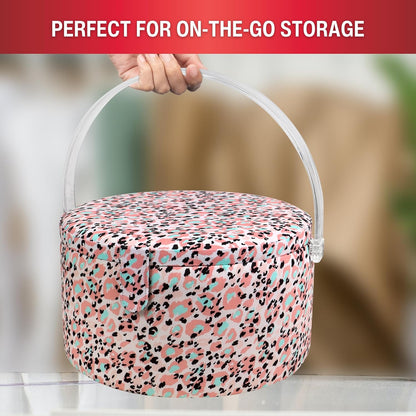 Large Round Sewing Basket with Emergency Travel Sewing Kit & Matching Zipper Pouch - Rose Pink Leopard Print